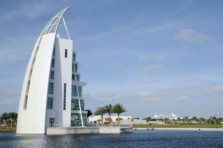 Port Canaveral, Florida, USA - November 8, 2013: The seven story Exploration Tower opened on November 4, 2013. The tower will serves as a Welcome Center and history museum and also has a theatre and a balcony with a view of the port.